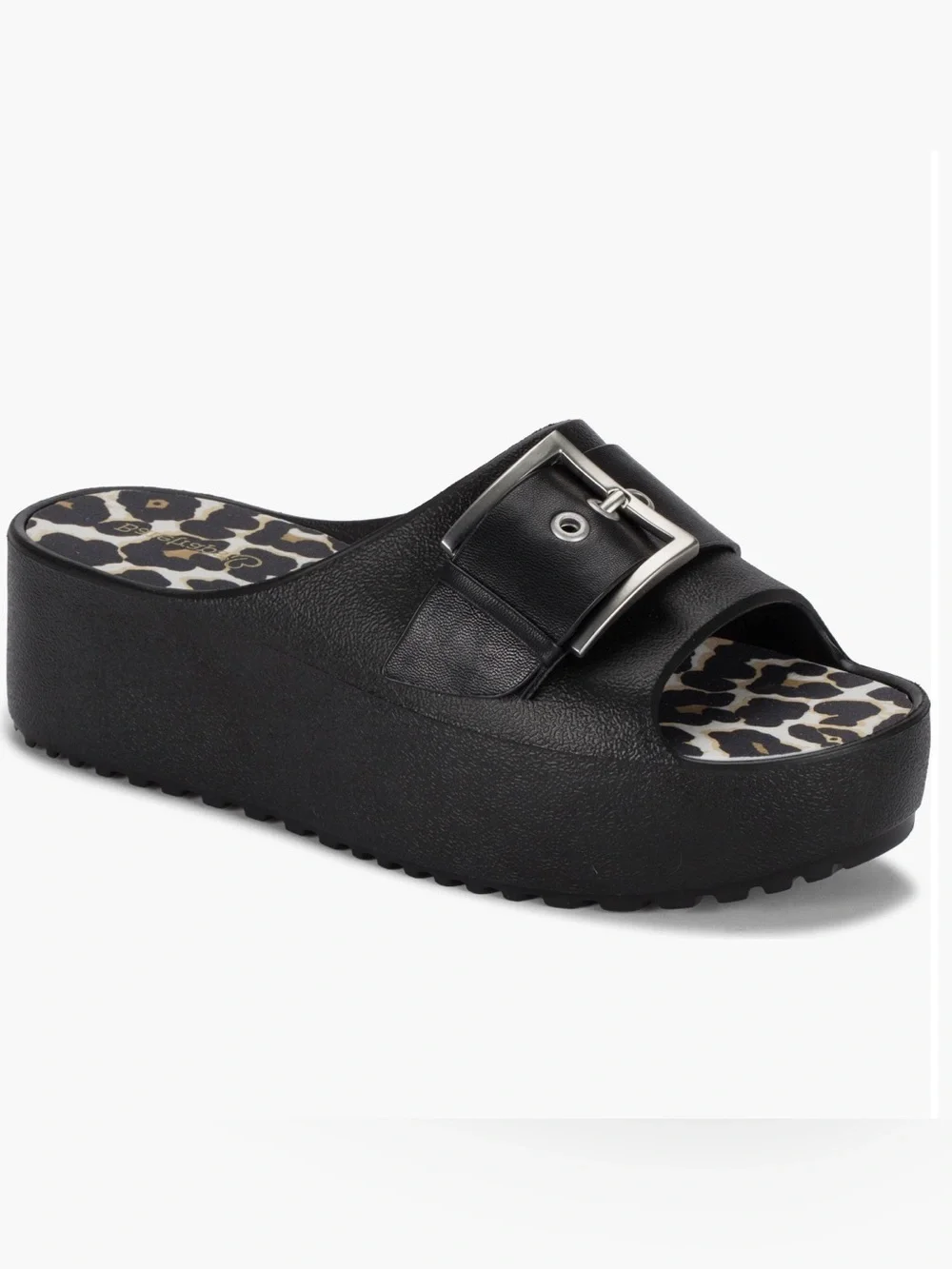 Baretraps Pacey Black Platform Slide Sandals Leopard Buckle Women’s NWOT